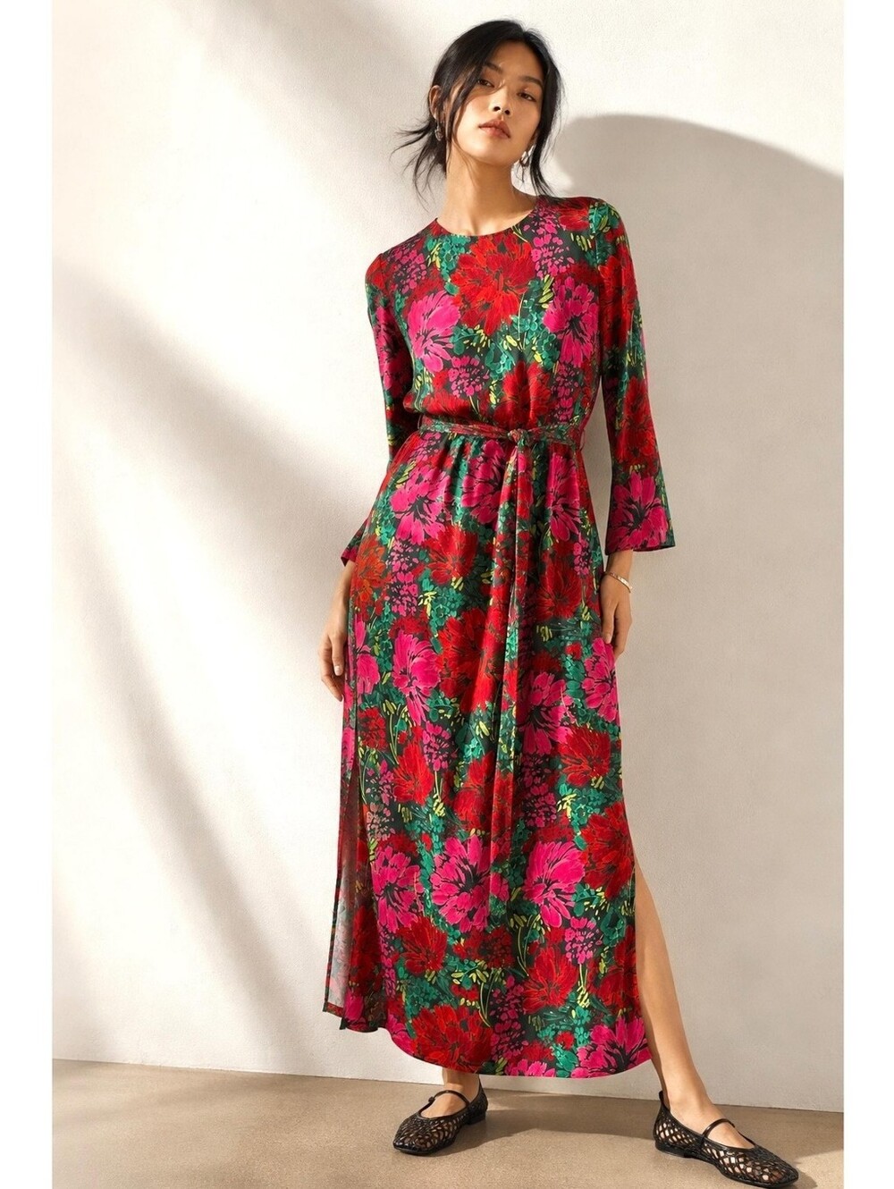 Vineyard Vines Silk Blend Floral Maxi Dress Pink Red Green Long Sleeve